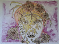 carte postale du tableau la femme végétale peinture à l'aquarelle et encre sur papier auquarelle
